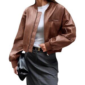 🆕Women Caramel Faux Leather Cropped Bomber Jacket Baseball Collar Zip Up